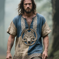 Men's Viking Celtic Wolf Embroidered Contrast V-neck Linen Blend Shirt elevenforest