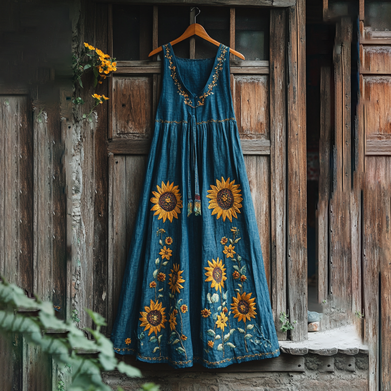 Ethnic Sunflower Floral Embroidery Art Linen Dress elevenforest