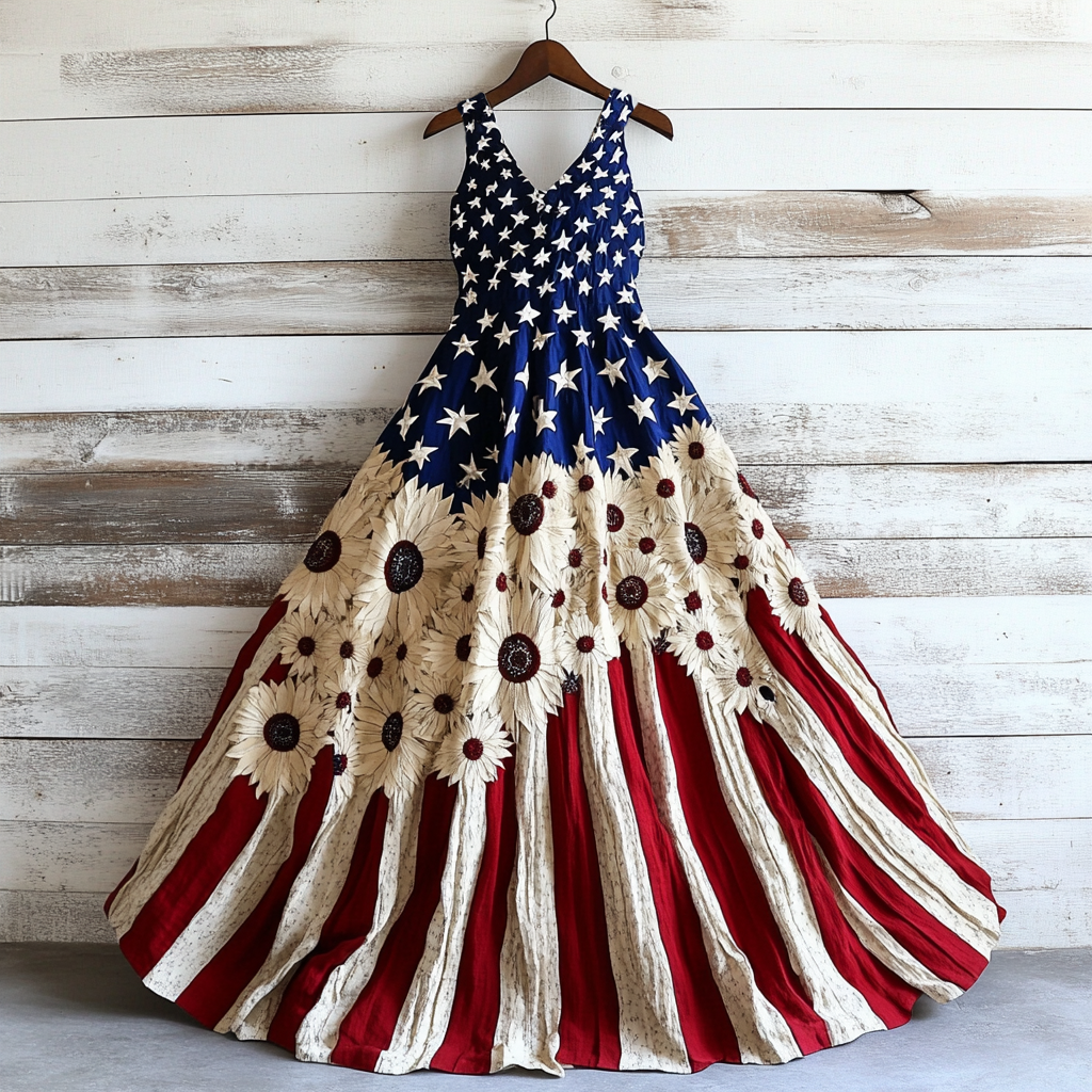 Women's Vintage Independence Day Flag Sunflower Art Linen Midi Dress elevenforest