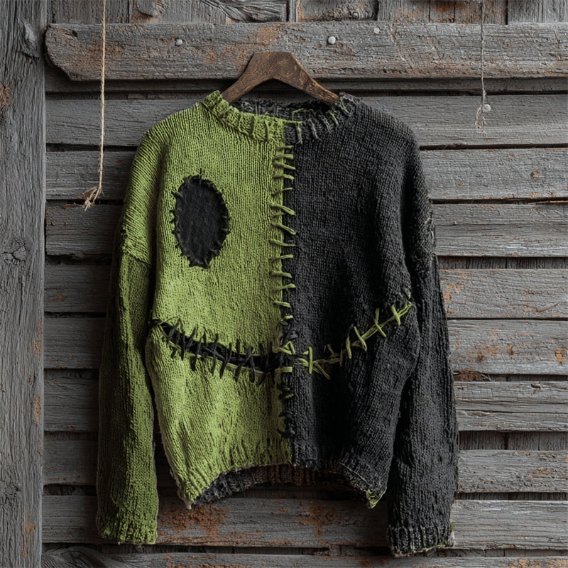 Halloween Spooky Face Contrast Stitched Cozy Knit Sweater elevenforest