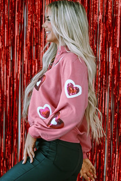 Pink Sequin Heart Collared Sweatshirt