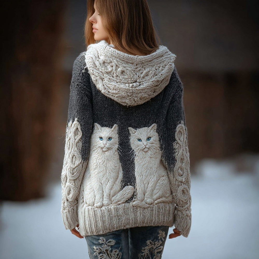 Vintage Cute Cats Embroidered Cozy Hooded Cardigan