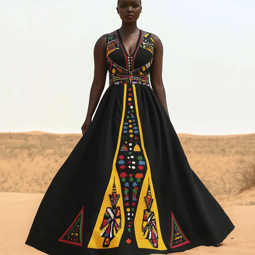 Retro African Tribal Geometric Pattern Deep V Dress elevenforest