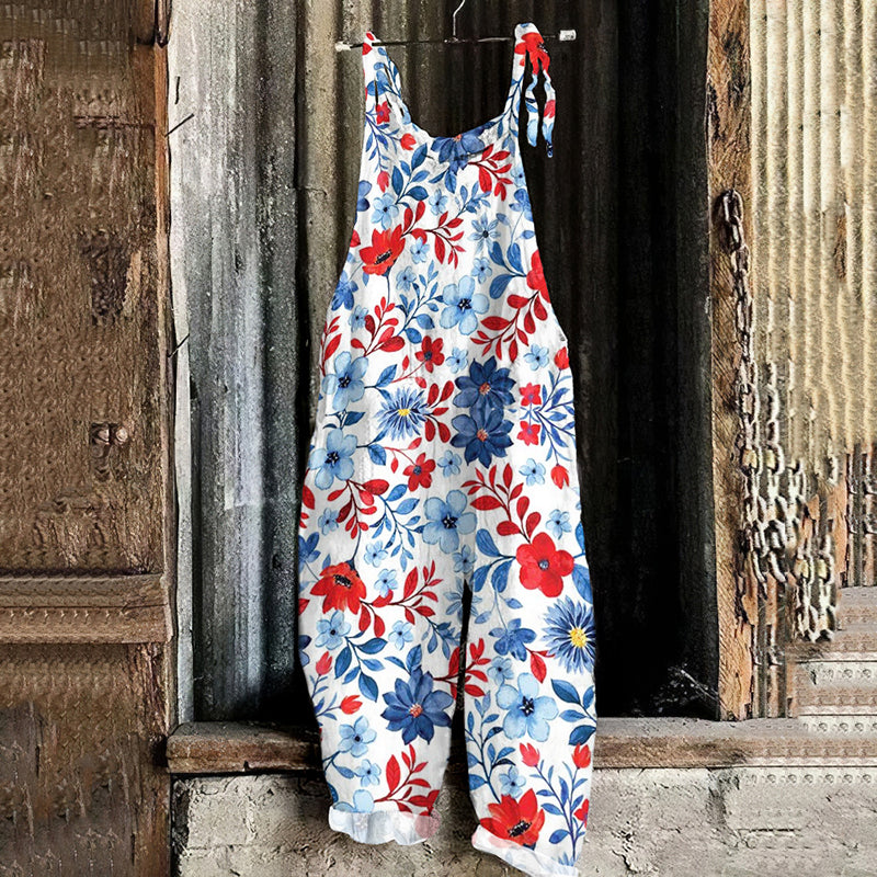 Women's Loose Independence Day American Beauty Floral Flag Color Linen Print Cotton Linen Jumpsuit elevenforest