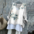 Comstylish Vintage Floral Art Cotton Linen V Neck Casual Shirt