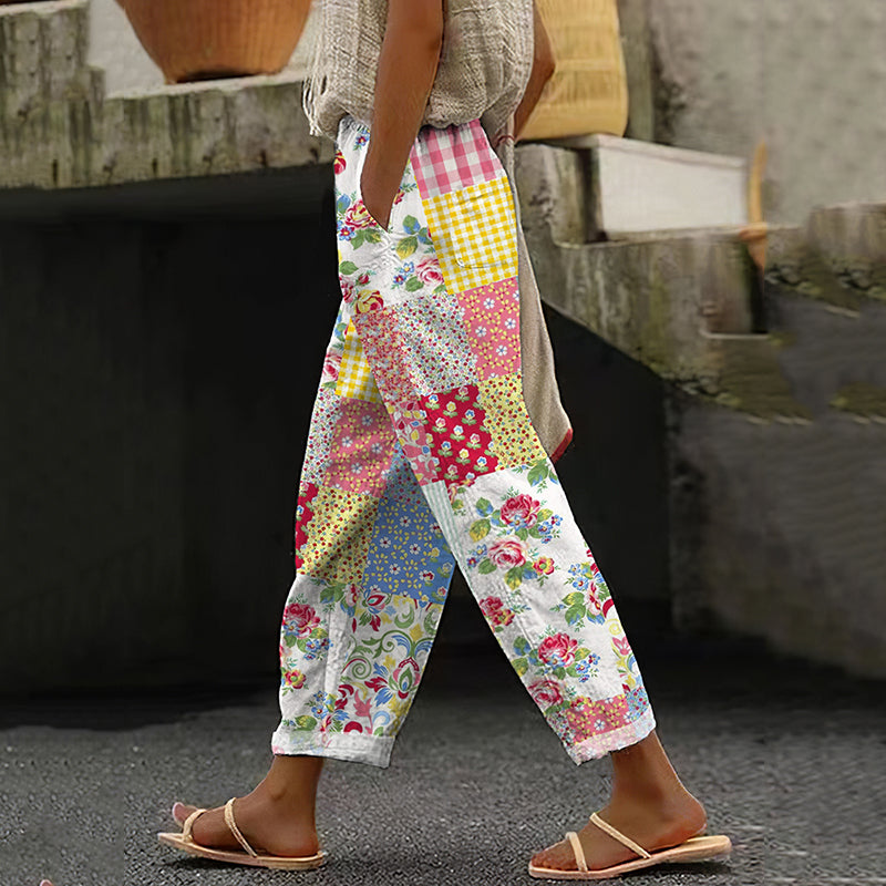 Vintage Color Block Floral Art Cotton Linen Pants elevenforest