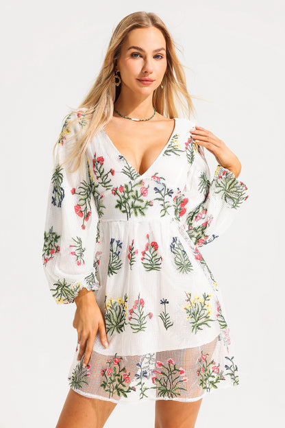 Embroidered Lantern Sleeve V-neck Mini Dress