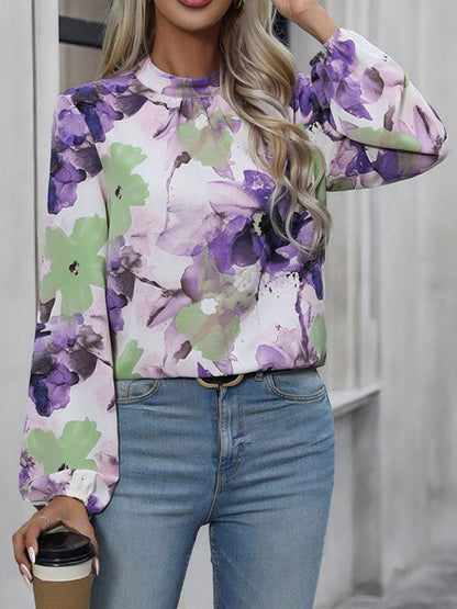 Long Sleeves Loose Elasticity Flower Print Pleated Mock Neck Blouses&shirts Tops