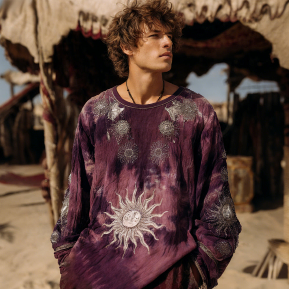 Mysterious Moon Divination Tie-dyed Linen Long-sleeved Top elevenforest