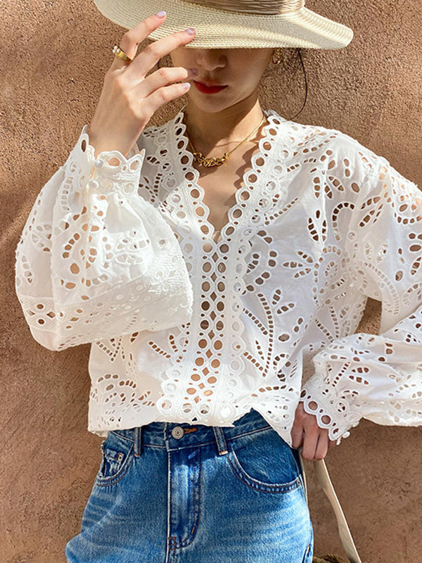 Long Sleeves Loose Hollow See-through Color Split-joint V-neck Blouses&shirts Tops