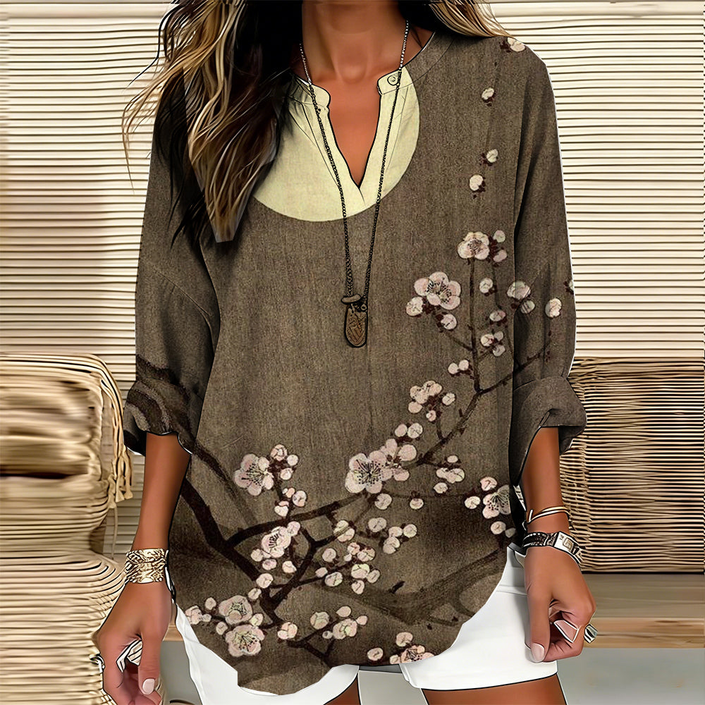 Comstylish Japanese Style Moonlit Plum Leisure V-neck Cotton And Linen Top