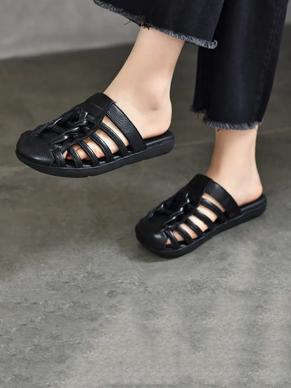 Summer Leather Spliced Flat Slippers Ui1025