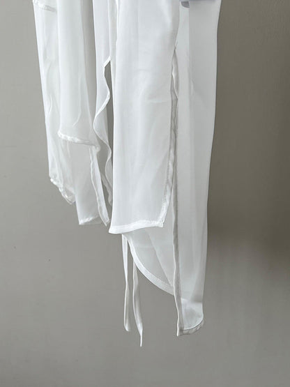 Bishop Sleeve Long Sleeves See-through Split-joint Tied Collarless Blouses&shirts Tops