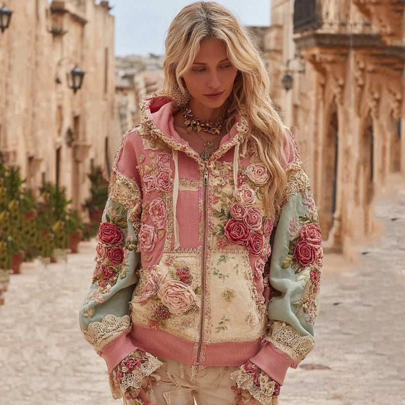 Vintage Floral Embroidery Patchwork Art Cozy Zipper Hoodie elevenforest