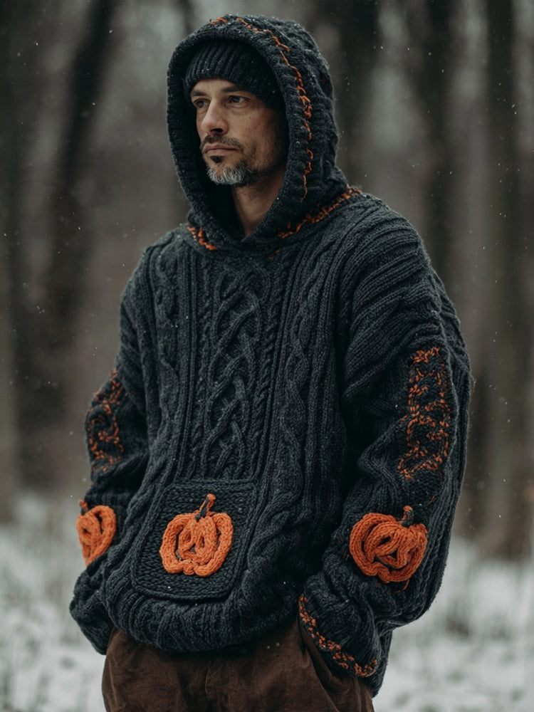 Men's Vintage Pumpkin Embroidered Chunky Hooded Sweater artswardrobe