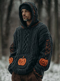 Men's Vintage Pumpkin Embroidered Chunky Hooded Sweater artswardrobe