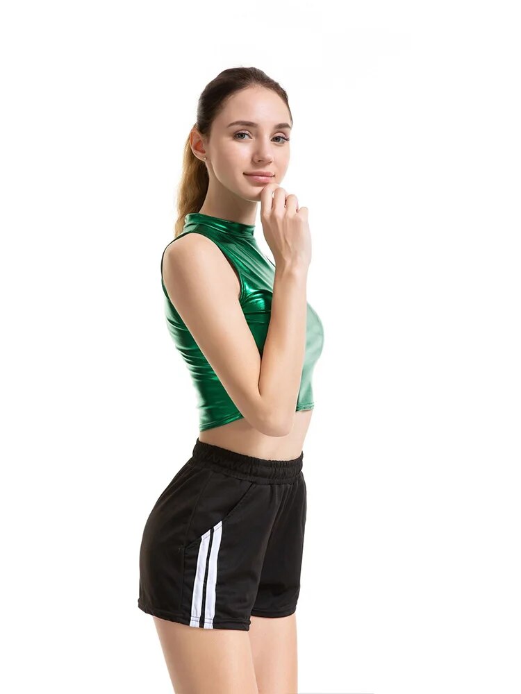 Crop Top Shiny Material Leather Sleeveless Vest Sports Tank Tops Gold Silver Shining Colorful Green Red Clothes