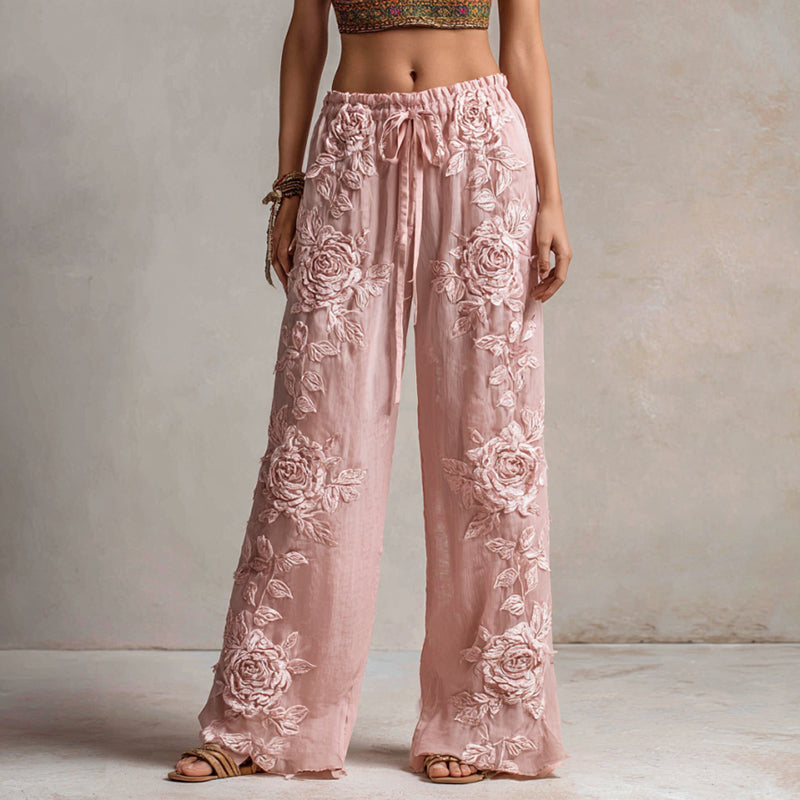 Women's Vintage Rose Floral Art Casual Wide Leg Pants elevenforest