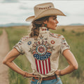 Independence Day Flower Combined With Pattern Embroidery Short-sleeved Lapel Shirt elevenforest