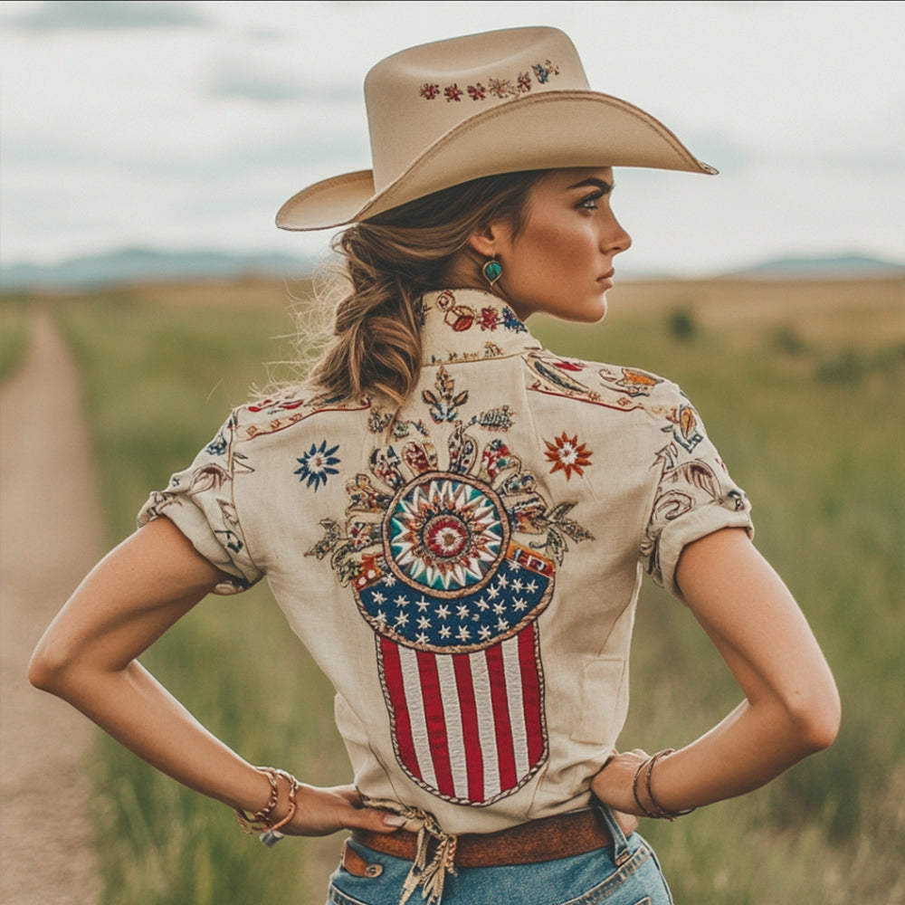 Independence Day Flower Combined With Pattern Embroidery Short-sleeved Lapel Shirt elevenforest