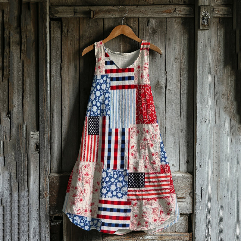 Vintage Independence Day American Flag Patch Floral & Paisley Art Linen Tank Dress elevenforest