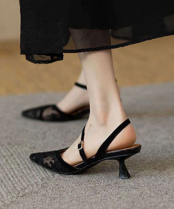 Splicing High Heel Sandals French Black Tulle Pointed Toe Kj026