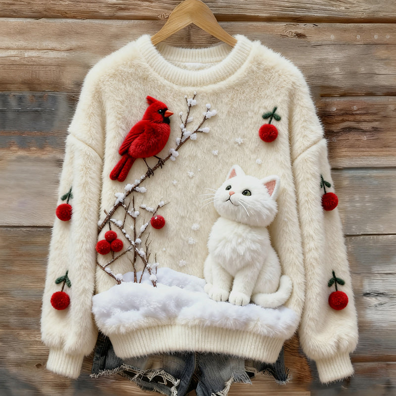 Women's Christmas Robin And Cat Plush Sweater elevenforest
