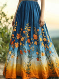 Boho Floral Embroidered Gradient Linen Maxi Dress elevenforest