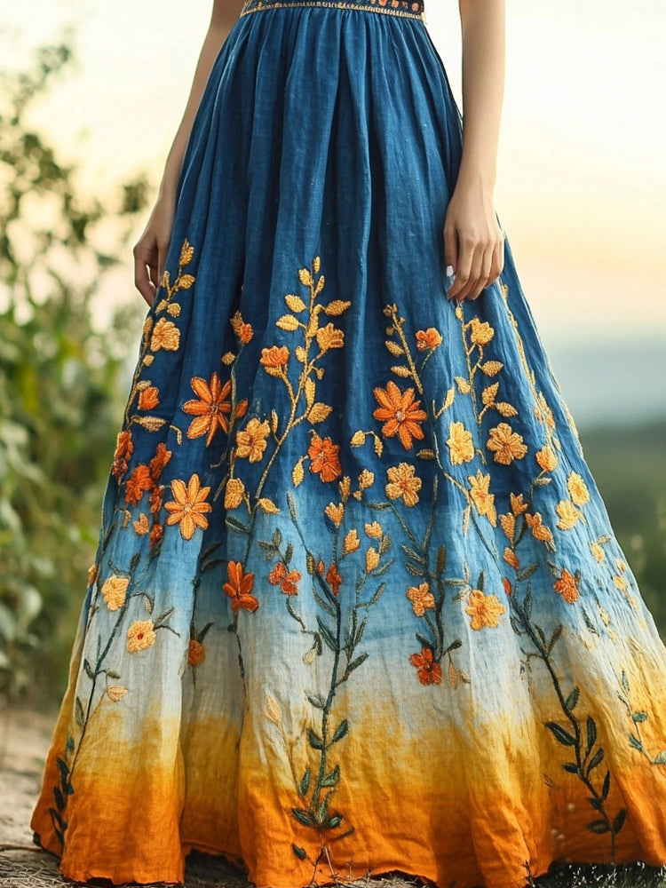 Boho Floral Embroidered Gradient Linen Maxi Dress elevenforest