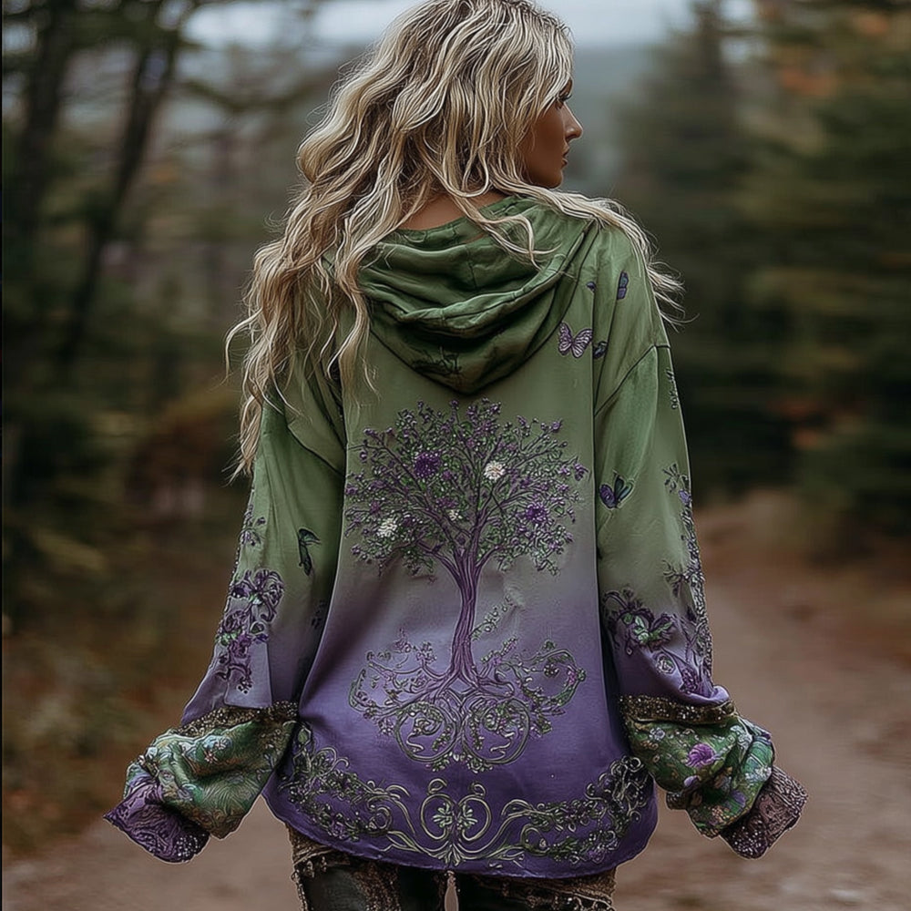 Women's Viking Tree Of Life Butterfly Embroidery Tie-dye Hoodie elevenforest