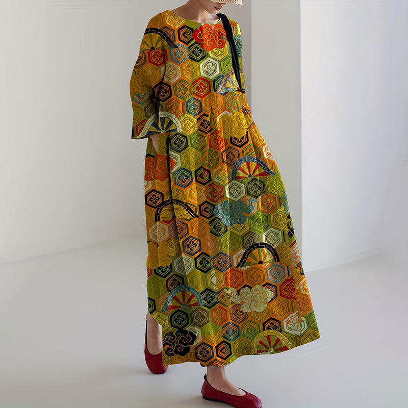 Comstylish Women's Vintage Japanese Geometric Art Print Midi Dress