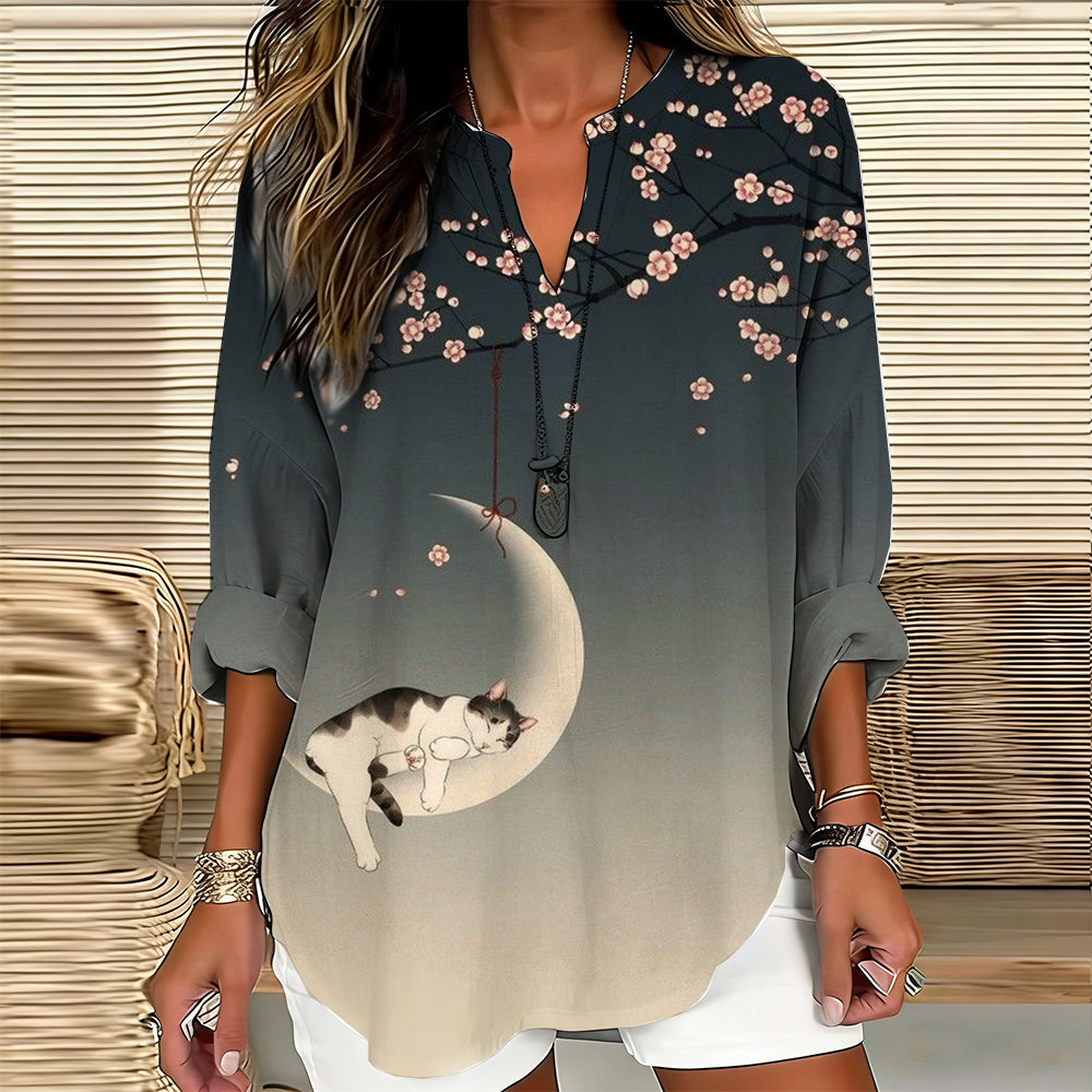 Comstylish Japanese Moon Kitty V-neck Cotton And Linen Top