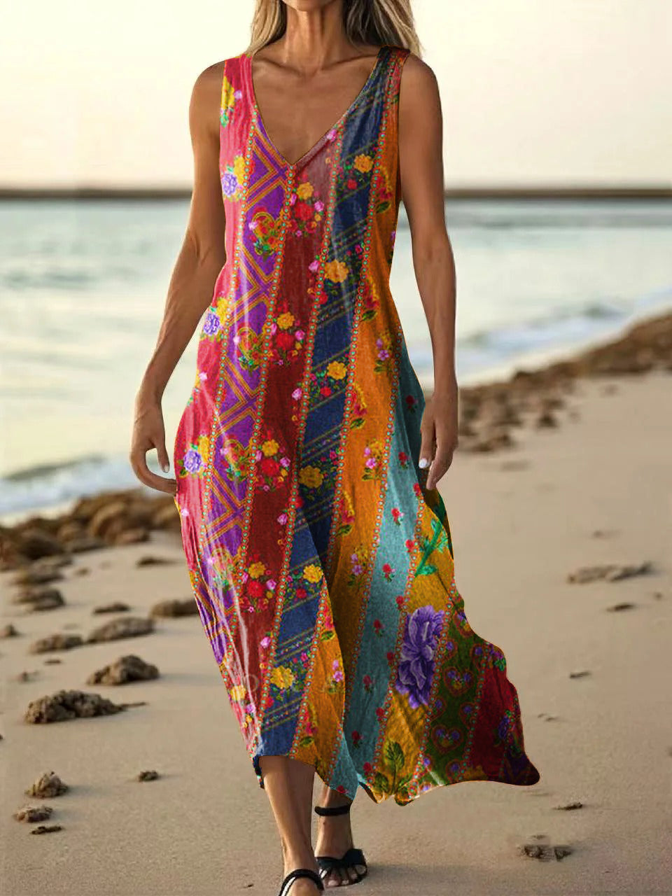Women's Vintage Bohemian Floral Art Print Pocket Cotton Dress