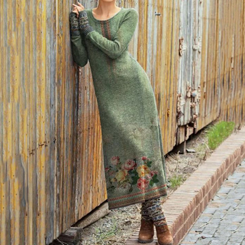 Comstylish Vintage Botanical Floral Print Wool Midi Dress