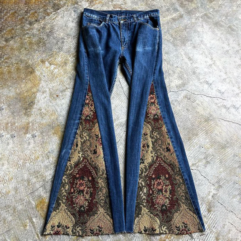 Retro Bohemian Ethnic  Pattern Patchwork Flared Jeans elevenforest