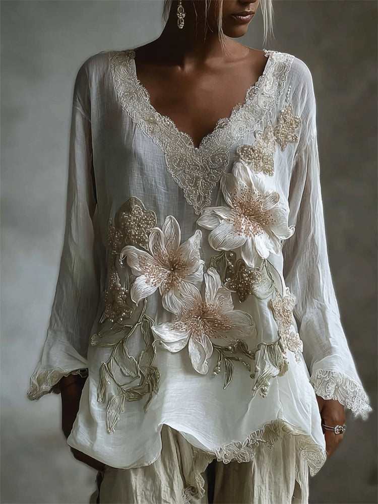Vintage White Lily Lace V Neck Flowy Linen Tunic elevenforest
