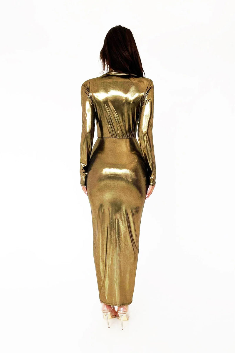 Ailiyah Metallic V-neck Slit Midi Dress