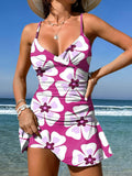 Flower V-Neck Vintage Flowers Print Suspender Skirt Tankini Pantskirt Set Swimsuit