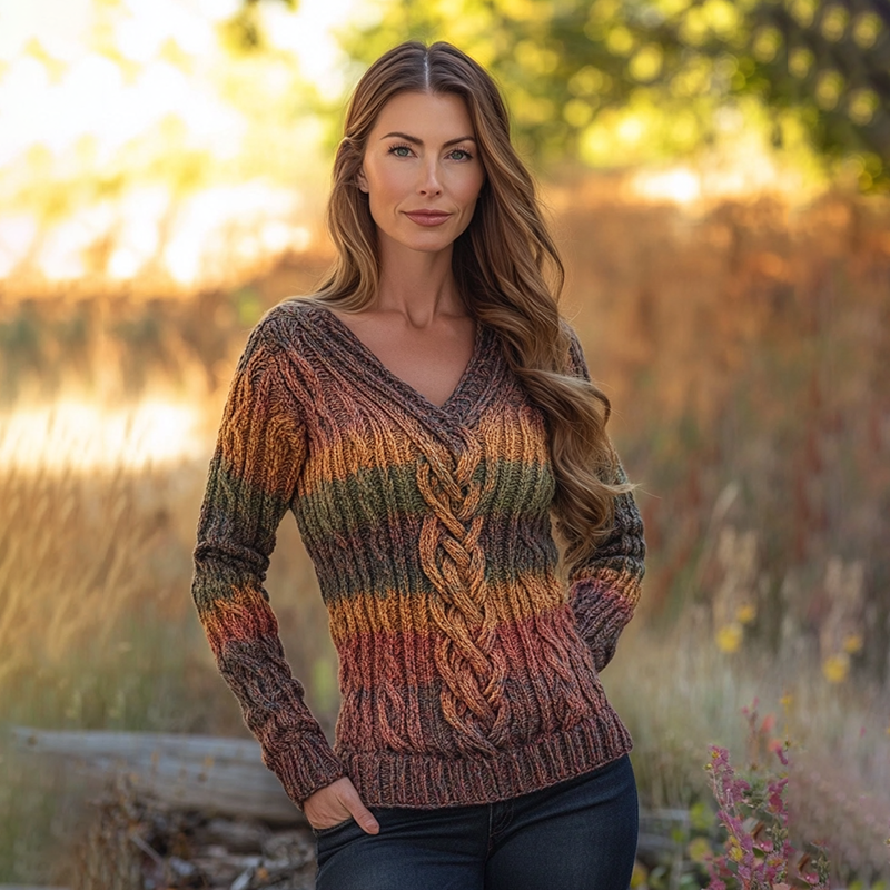 Vintage Rainbow V-neck Knitted Jacquard Irish Aran Sweater elevenforest