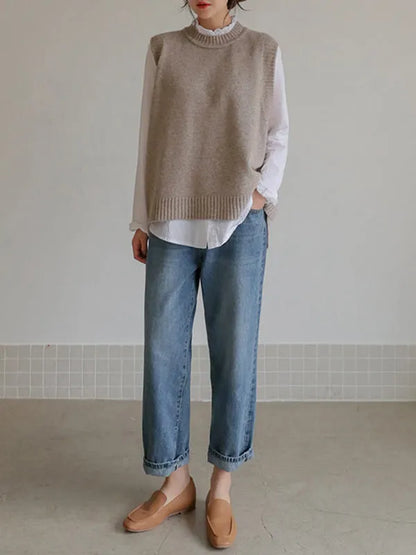 Simple Sleeveless Loose Buttoned Color Round-neck Sweater Vest Outerwear