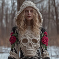 Women Halloween Vintage Scarlet Rose White Skull Crochet Hooded Sweater elevenforest