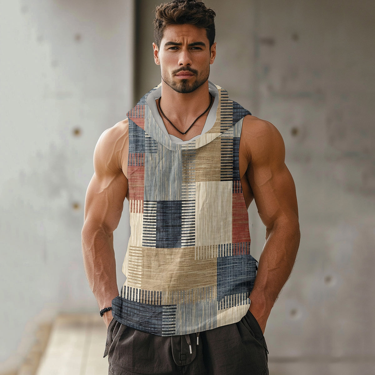 Men's Retro Patchwork Style Loose Linen Cozy Hooded V-neek Sleeveless Top elevenforest