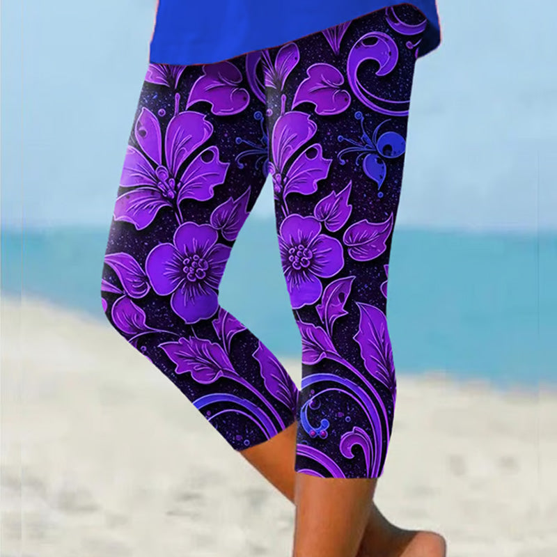 Women's Oil Painting Floral Print Casual Leggings elevenforest