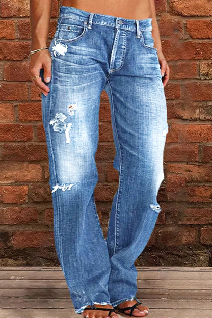 Street Patchwork Ripped Straight Denim Jeans(4 Colors)
