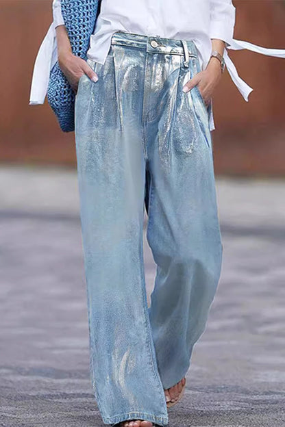 Street Gradient Print Pocket Sequined Contrast High Waist Loose Denim Jeans