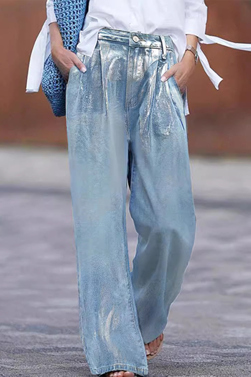 Street Gradient Print Pocket Sequined Contrast High Waist Loose Denim Jeans