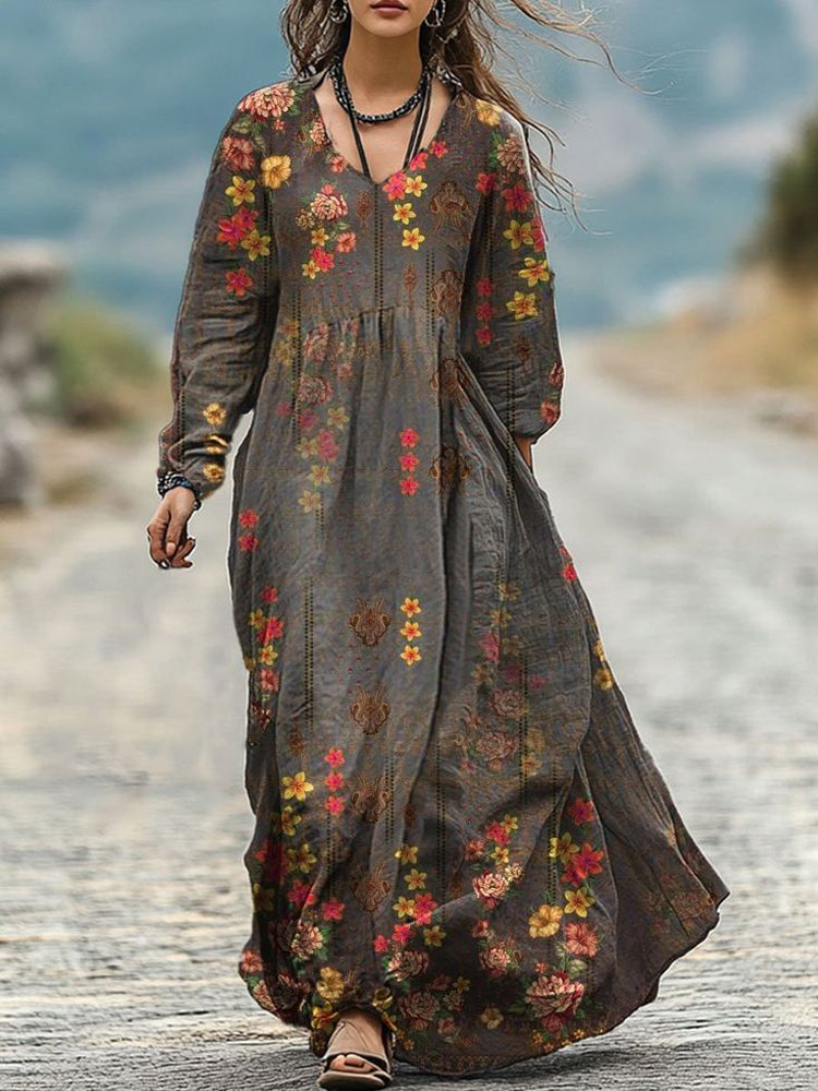Vintage Floral Pattern Women's Flowy Maxi Dress elevenforest