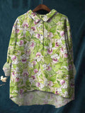 Women's Loose Green Leaf Print Cotton And Linen Shirt