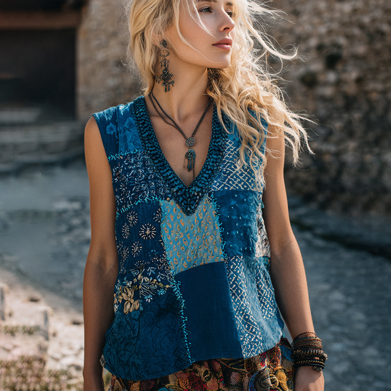 Japanese Floral Patchwork Art Tank Top elevenforest