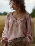 Bohemian Retro Countryside Style Plant Flower Design Cotton And Linen Women's Long-sleeve Shirt elevenforest